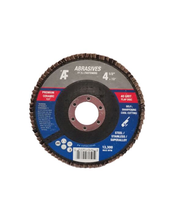 AF 4-1/2 x 7/8 Type 27 Flap Disc, High Density Ceramic, for Steel/Stainless, 40 Grit 10/Box - 100/Ctn
