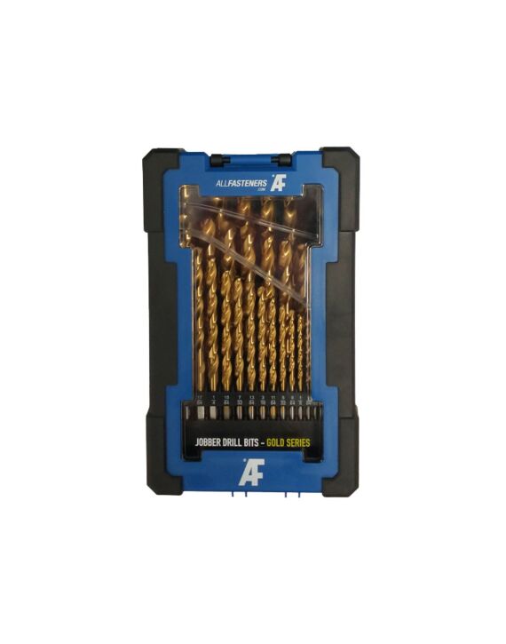 AF 29-Pc TuffBox Set 1/16"-1/2" Jobber Drill Bits Gold Fractional Tin-Coated 135 Degree Split Point