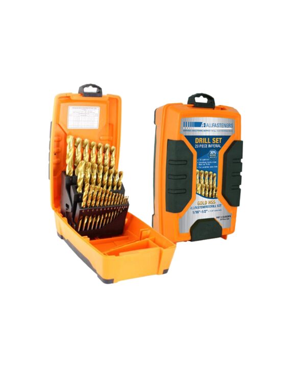 AF 29-Pc Tuffbox Set 1/16-1/2 Jobber Drill Bits Gold Fractional Tin-Coated 135 Degree Split Point